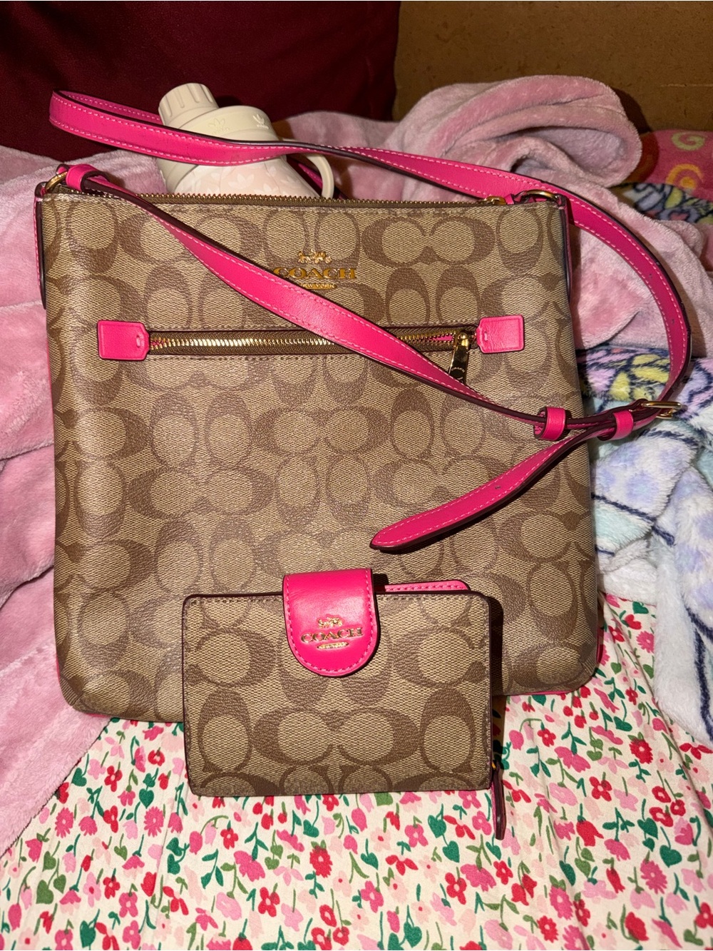 Coach Brown Signature Crossbody with Hot Pink Trim and Wallet